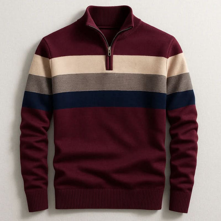 Lorven Striped Quarter-Zip Pullover — ribbed cuff and hem detail