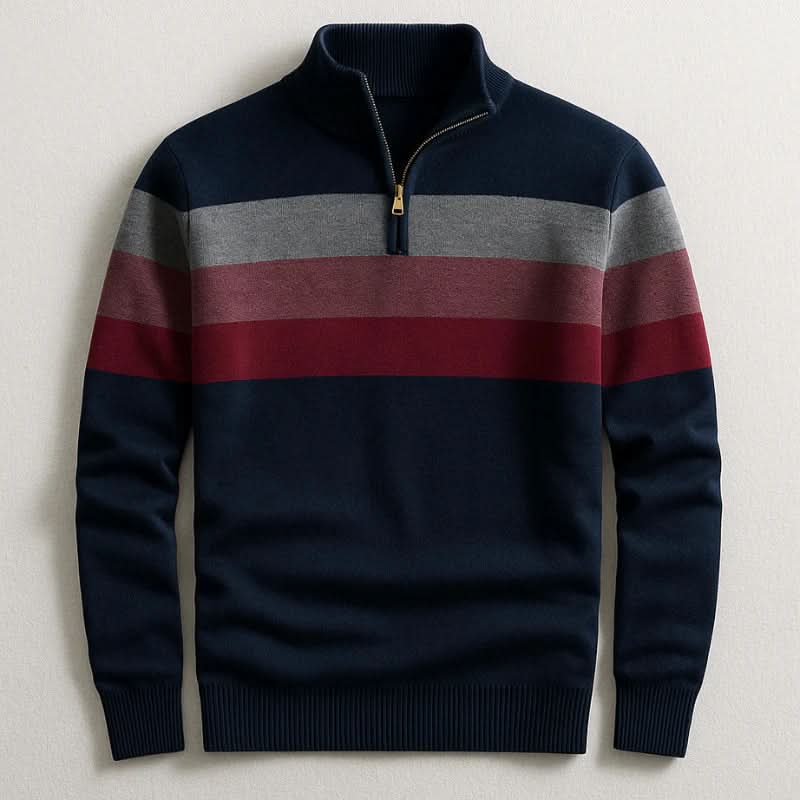 Lorven Striped Quarter-Zip Pullover in Navy — front view